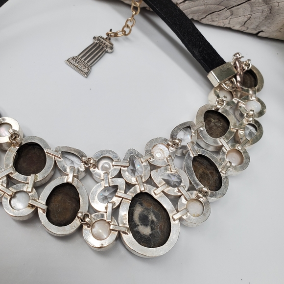 Natural Ocean Fossil Jewelry Designer Necklace Silver Leather Genuine Stone - Picture 6 of 14